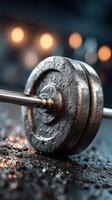 Weightlifting equipment resting on wet gym floor with blurred lights in background photo