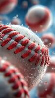 Dynamic close-up of water splashing around baseballs in a vibrant setting photo