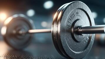 Heavy barbell resting on gym floor captures the essence of strength training and fitness dedication in a well-equipped workout space photo