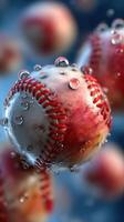 Close-up view of baseballs with water droplets highlighting texture and design in vibrant colors on a blue background photo