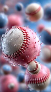 Colorful baseballs with water droplets against a blurred background create an artistic, dynamic effect photo