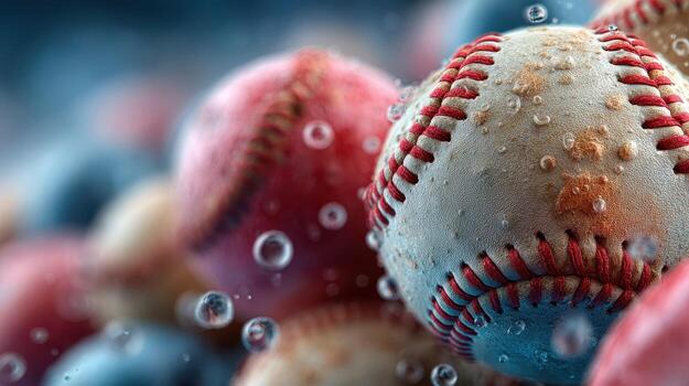 Baseballs submerged in water create a colorful and textured underwater composition showcasing their detail and design photo