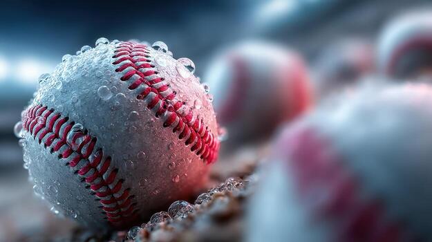 Wet baseballs on the field after a rain shower during a youth league game in the evening photo