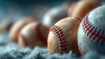Close-up view of several baseballs lying on a textured surface with soft lighting photo