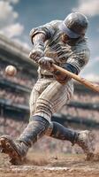 Baseball player in action, hitting a pitch during a game at a packed stadium on a sunny day photo