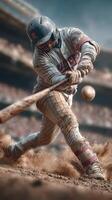 Furious swing by baseball player in striped uniform at game in dusty stadium during afternoon match photo