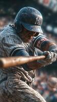 Intense baseball player prepares to hit a pitch during a game in a crowded stadium at sunset photo