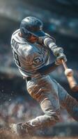 Player swings bat during a competitive baseball game in a stadium under bright sunlight on a summer afternoon photo