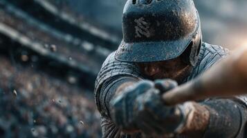 Baseball player swinging bat in action during intense game at stadium, capturing the excitement of the sport photo