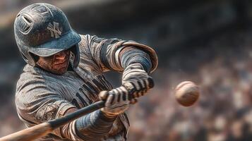 Baseball player swings bat during crucial game in packed stadium under bright lights at night photo