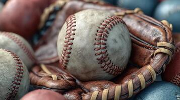 Baseball resting in a worn leather glove among other baseballs during a sunny day at the field photo