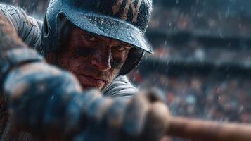 Intense baseball player focuses on the pitch during a rain-soaked match at the stadium photo
