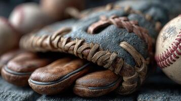 Vintage baseball glove resting on a weathered surface near a few baseballs during a sunny afternoon photo