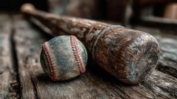 Vintage baseball bat and worn ball resting on rustic wooden surface in warm light photo