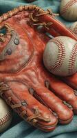 Vintage leather baseball glove with baseballs on blue fabric during a warm afternoon photo