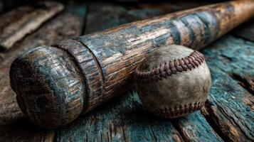 Wooden baseball bat and worn ball resting on rustic wooden surface during afternoon light photo