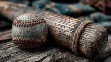 Vintage baseball bat and ball resting on rustic wooden surface in a nostalgic setting photo