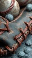 Vintage baseball glove with worn leather and a few baseballs resting on a gravel surface during daylight hours photo