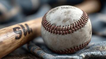 Baseball and bat resting on denim fabric with a rustic feel and warm lighting captures the essence of the sport photo