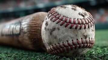 Baseball and bat resting on green field with dirt smudges at a twilight game photo