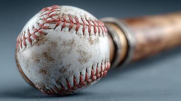 Detailed close-up of a worn baseball and wooden bat resting on a textured surface photo