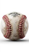 Worn baseball with scuffed surface resting on a simple background showcasing its texture and details photo