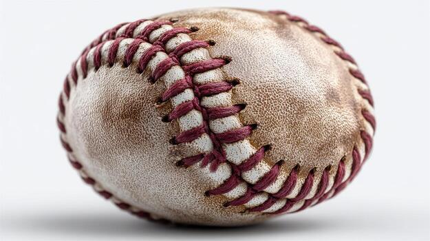 Old baseball with worn leather cover and red stitches on a neutral background displayed in a close-up view photo