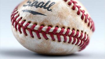 Baseball resting on a surface showcasing intricate stitching and worn details under soft lighting photo