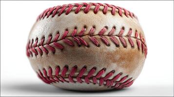 Baseball resting on a surface showcasing its detailed stitching and worn texture in a well-lit environment photo
