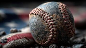 Weathered baseball resting on a rugged surface with an American flag backdrop in a nostalgic setting photo