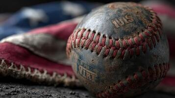 Old baseball rests on weathered fabric of American flag, symbolizing sport's history and nostalgia in a still life arrangement photo