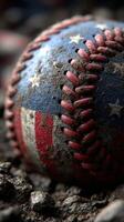 Old baseball with American flag design resting on dirt field during late afternoon play photo