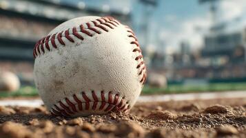 Close-up of a baseball resting on the ground during a sunny day at a baseball stadium photo