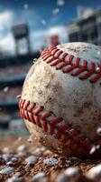 Baseball caught mid-air with dirt and water splashes at a stadium during an afternoon game photo