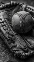 Black and white close-up of a worn baseball resting on a leather glove in a sports setting, showcasing texture and detail photo