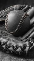 Baseball resting on a black leather glove with intricate stitching in a close-up view photo