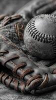 Baseball resting on an old glove, capturing the essence of the game and nostalgia in a close-up view photo