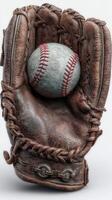 Vintage baseball glove holding a well-worn ball ready for play on a sunny afternoon in the park photo