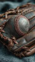 Vintage baseball glove resting with a worn ball, showcasing the spirit of the game and nostalgia photo