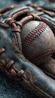 Worn baseball glove with a baseball resting inside in a close-up view on a textured surface photo