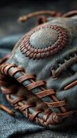 Vintage baseball glove resting on a textured fabric background showcasing its intricate stitching details and worn leather texture photo