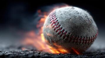 Baseball in motion with flames and smoke creating a dramatic effect during a night game photo