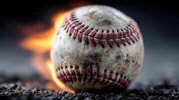Baseball rolling on the ground with flames in the background during an intense game at twilight photo