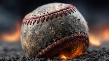 Old baseball sits on dark ground surrounded by flames, showcasing wear and history in a dramatic setting photo