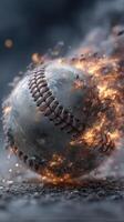 Baseball ignites in motion with fiery effects during a late evening game at a sports field photo
