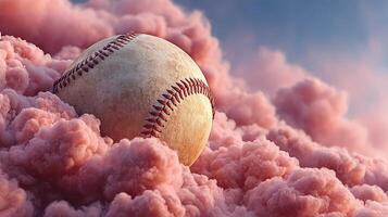 Clouds softly cradle a baseball, creating a dreamlike atmosphere in a vibrant sky at sunset photo
