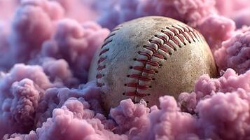 Baseball resting on a bed of pink clouds creating a surreal and imaginative sports-themed atmosphere at sunset photo