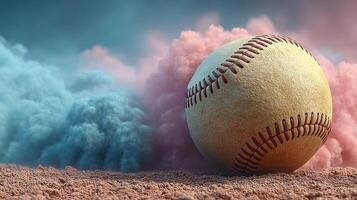 Baseball resting on the ground with colorful smoke in the background during a vibrant sports event photo