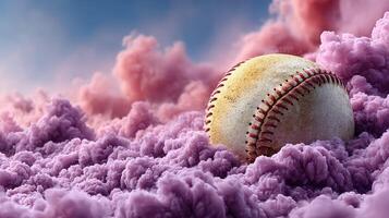 Unique baseball resting on vibrant purple clouds in a surreal sky during sunset photo