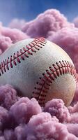 Baseball nestled in pink clouds during a vibrant sunset, creating a surreal and enchanting atmosphere of sport and imagination photo